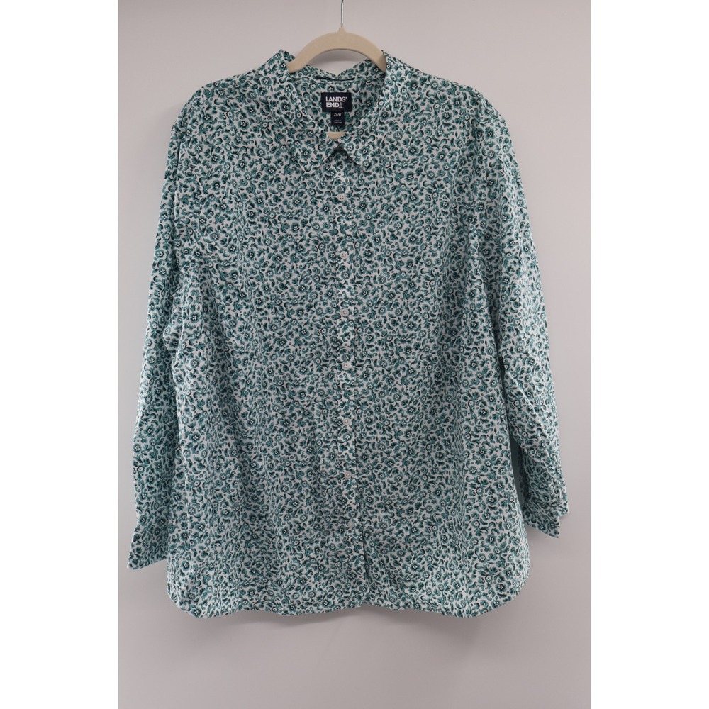 Lands' End Plus 24W Teal Floral Cotton Button Down Shirt